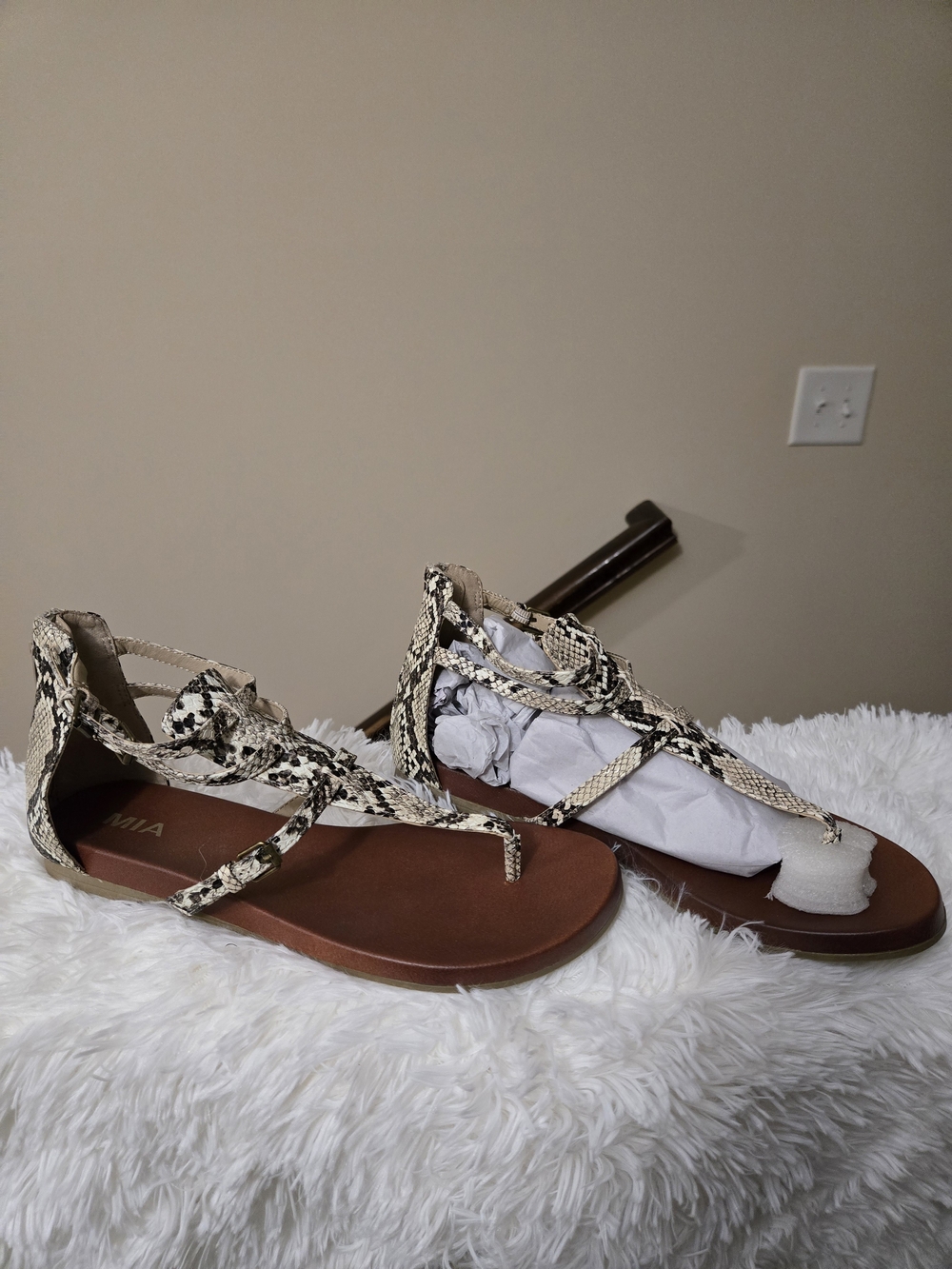 MIA Snake-Print Wrap Gladiator Sandals - Beige/Black